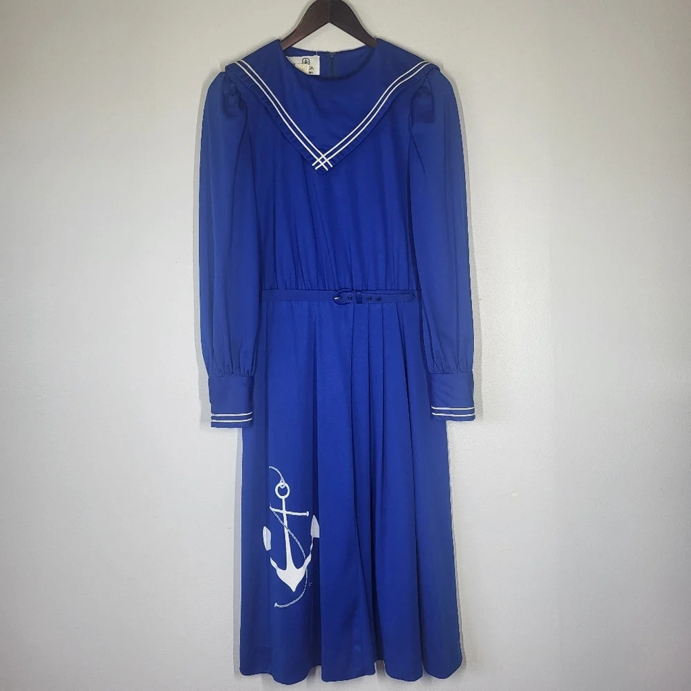Vintage Alfred Shaheen 50's Blue Nautical Sailor‎ Retro Dress with Waist Belt